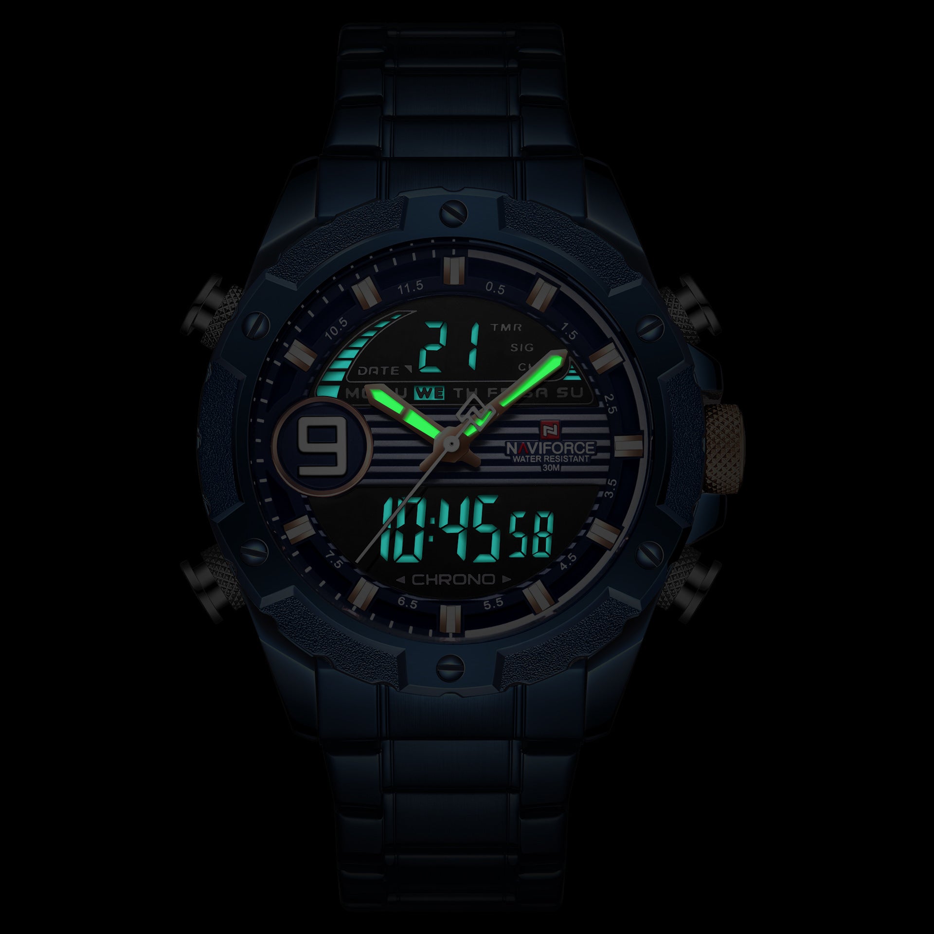 NAVIFORCE Lingxiang 9146 Steel Band Watch Dual Movement Electronic Watch Sports Steel Band Men's Watch