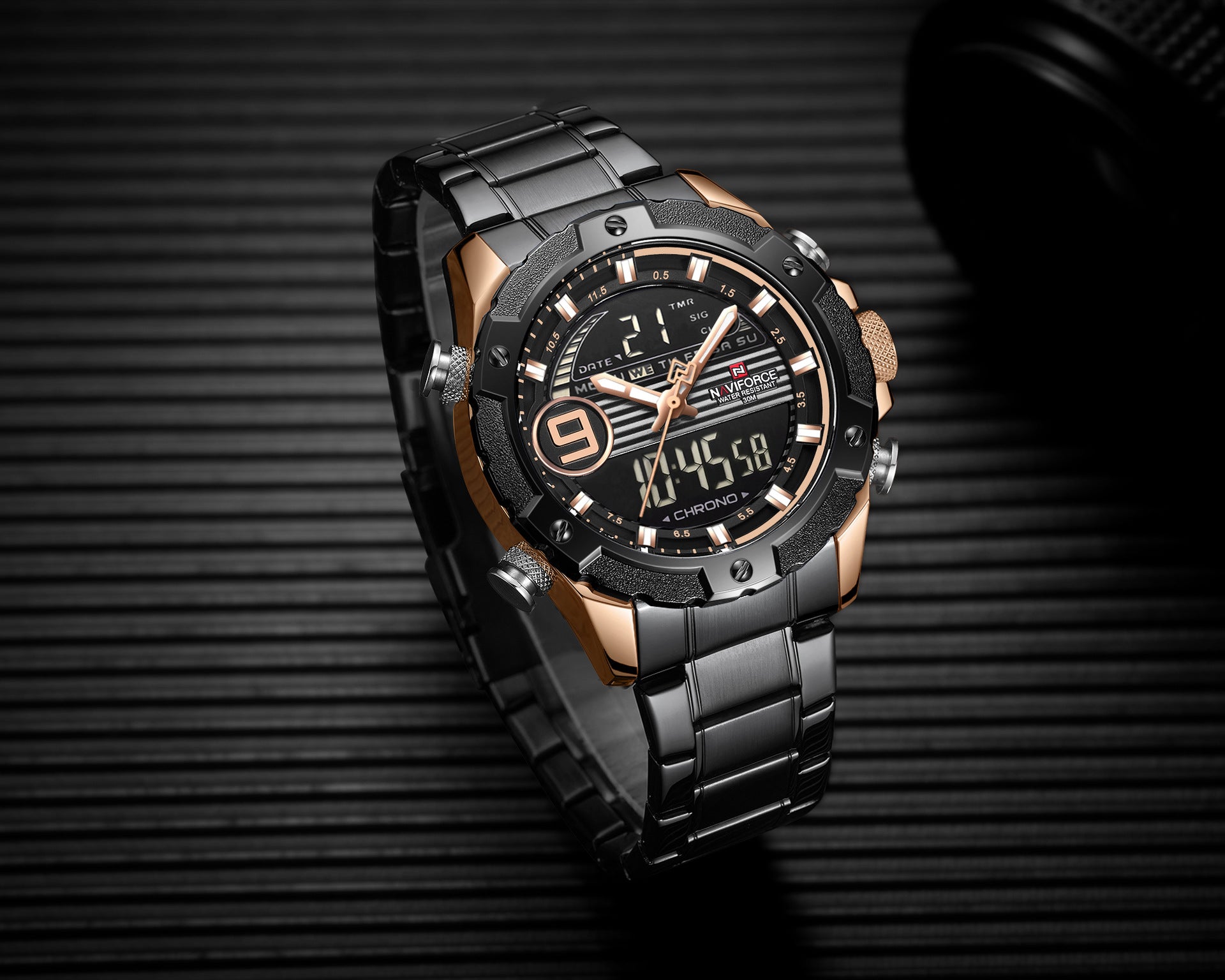 NAVIFORCE Lingxiang 9146 Steel Band Watch Dual Movement Electronic Watch Sports Steel Band Men's Watch