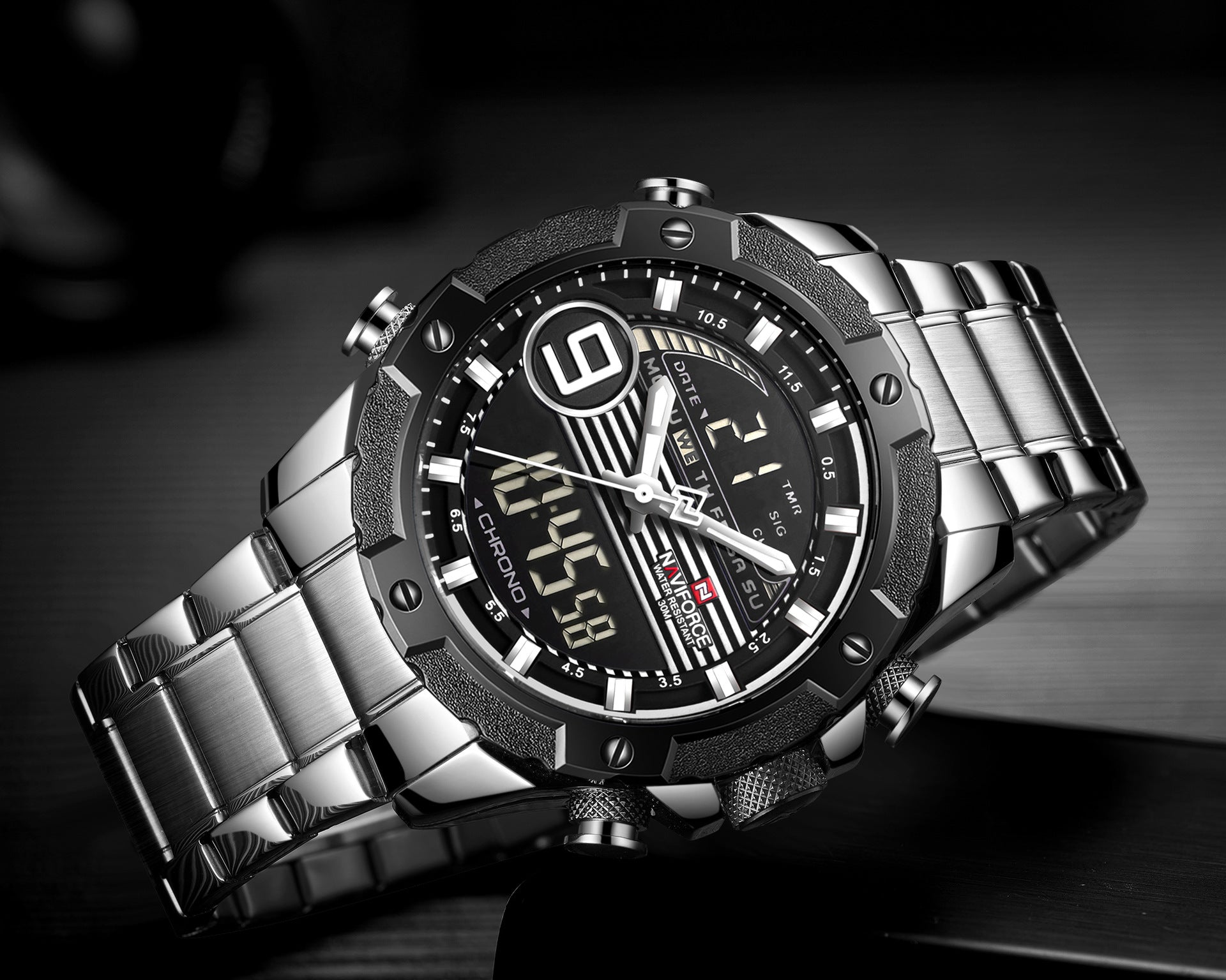 NAVIFORCE Lingxiang 9146 Steel Band Watch Dual Movement Electronic Watch Sports Steel Band Men's Watch