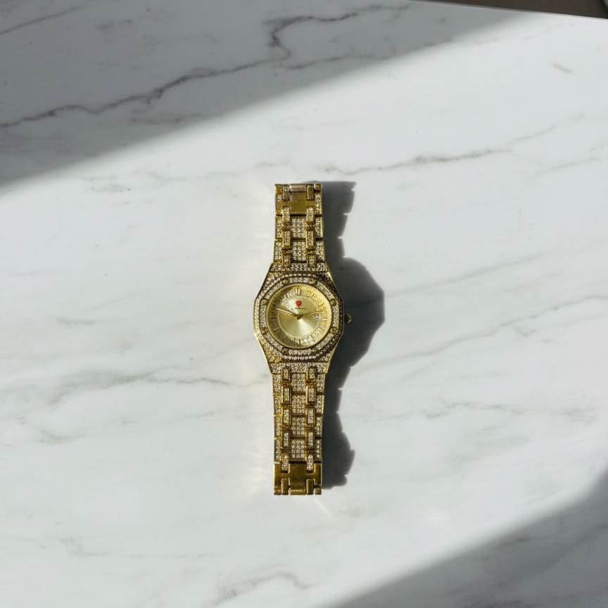 Luxury Gold Diamond-Studded Wrist Watch – Premium Designer Style Quartz Watch for Men & Women (Without Box)